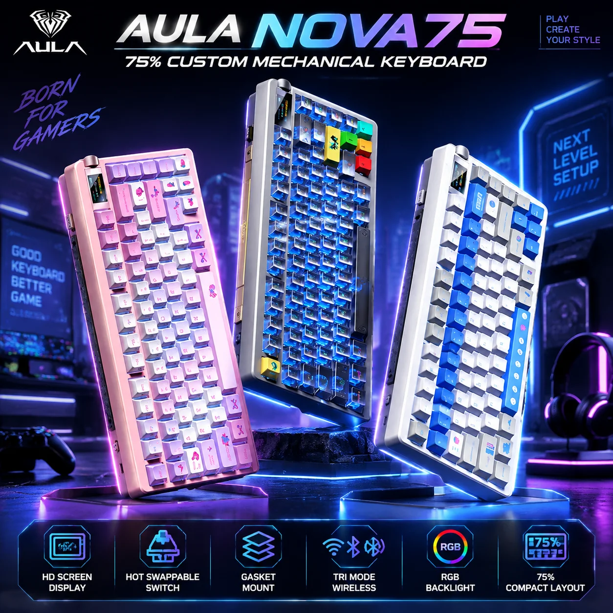 Pc Gaming Compact - AULA Nova75 Premium Özel Mekanik Klavye,
