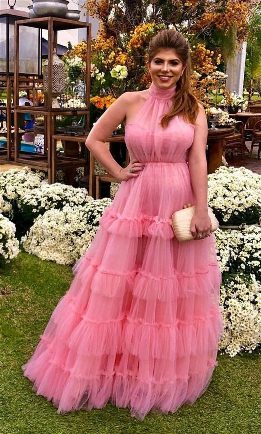 Sansa Princess High Neck فساتين السهرة Peach Pink Multilayer Prom Dress Sweet Halter Neck Tulle A-line Vestidos De Noche