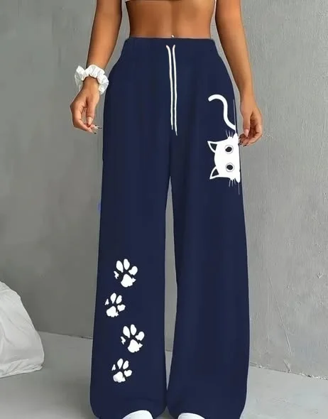 Summer Cute Peeking Cat & Paw Print Straight Wide Leg Pants Unisex White Drawstring Y2K Harajuku Streetwear Casual Long Trousers