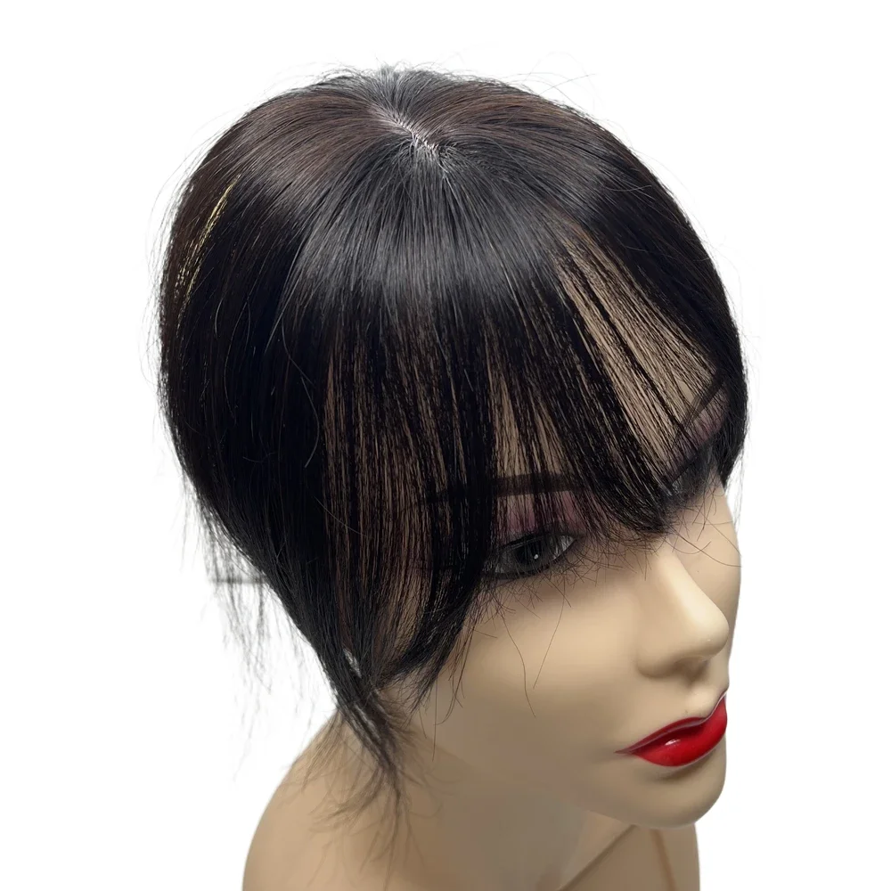 여성을위한 100% 진짜 인간의 머리카락 헤어 토퍼 3D 에어 뱅 헤어 실크베이스 7x8 커버 탈모와 Toupee의 중간 부분 클립