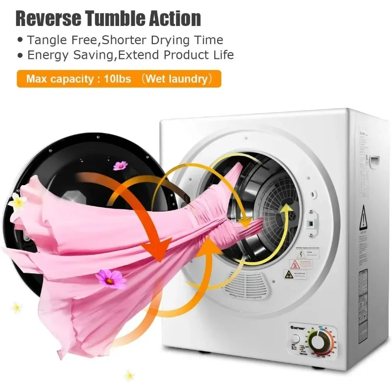 Compact 110V Electric Portable Clothes Stainless Steel Tub Laundry Dryer, for 4 Automatic Drying Mode, Wh