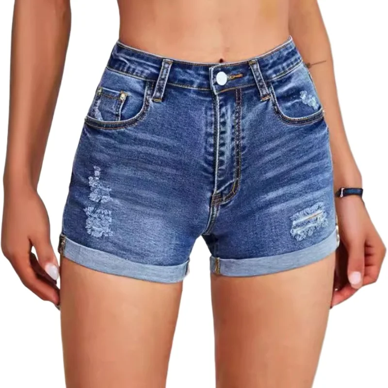 女性用カールデニムショートパンツ、ダメージジーンズ、カジュアルブルーハイウエストパンツ、夏用Aラインスリムフィットファッション、必須アイテム、通気性デニムショートパンツ