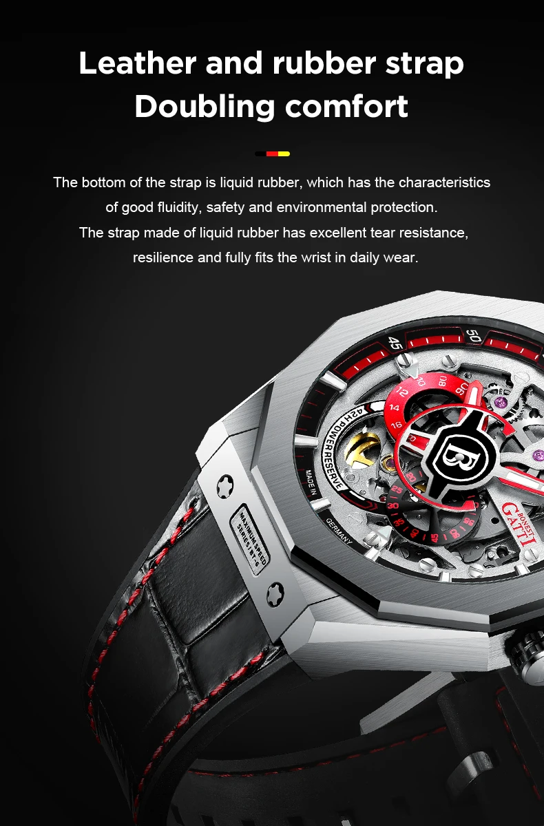 BONEST GATTI ساعة أوتوماتيكية للرجال 42 ملم ساعة يد ميكانيكية عسكرية هيكل عظمي مقاومة للماء ياقوت مضيء