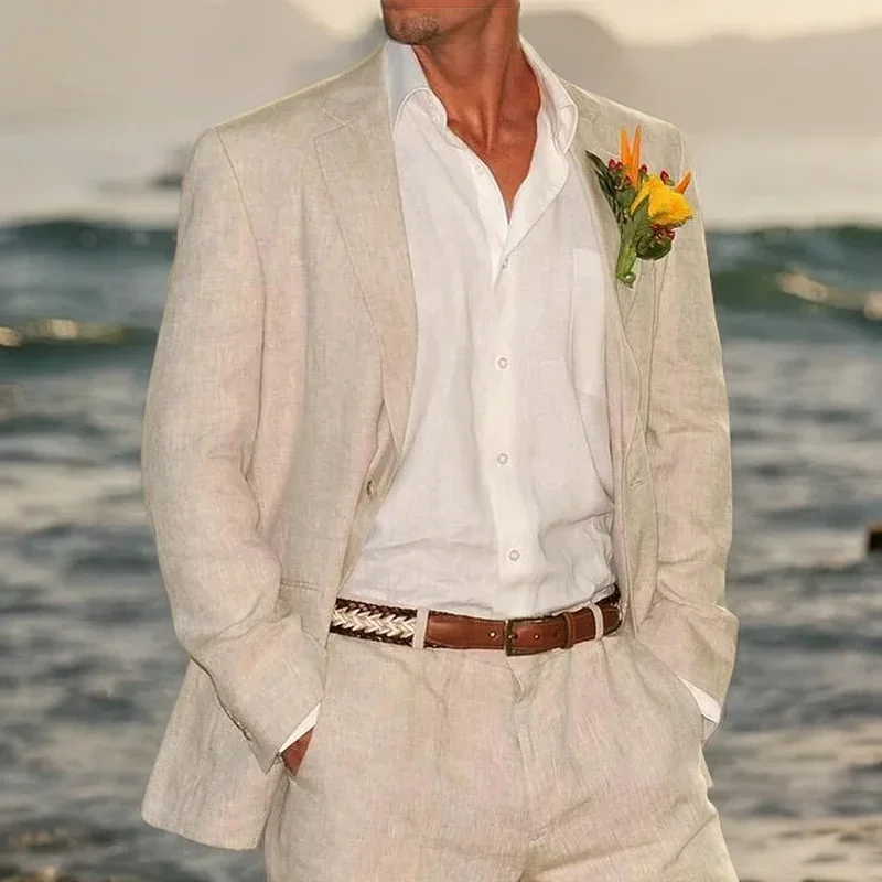 

2 Pcs Linen Men Suits For Wedding Summer Beach Groom Tuxedo Fashion Style Male Costume Jacket With Pants
