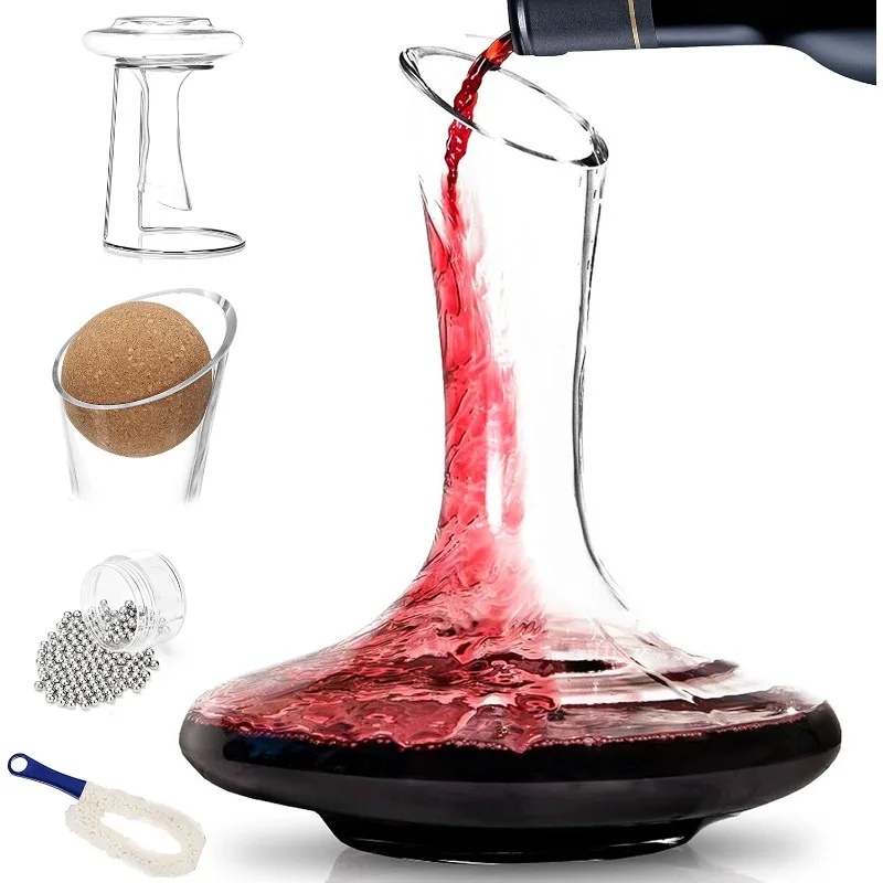 

XL Decanter with Drying Stand, Stopper, Brush and Beads, Hand Blown Crystal Glass, Wine Decanter, Wine Accessories