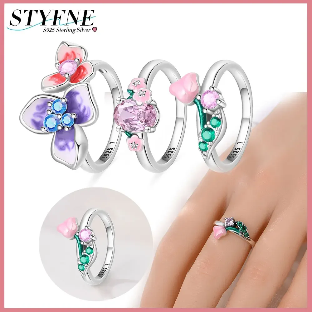 Original 925 Sterling Silver Enamel Pink Flower Series Tulip Ring 6-9 Size Temperament for Women Fine Jewelry Party Gift