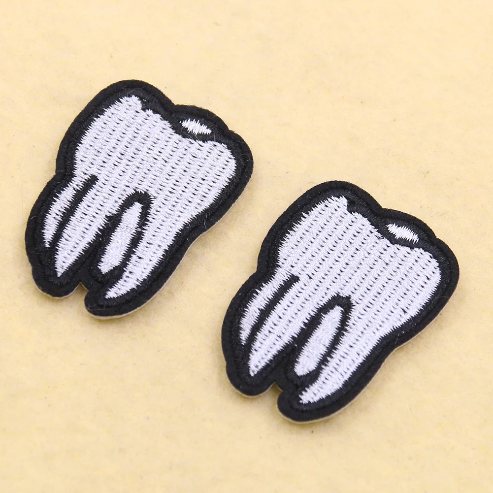 5PCS White Teeth Embroidery Patches Iron on Transfer Stripes Appliques Clothes Sticker Clothing Tooth Badges for Backpack Jacket