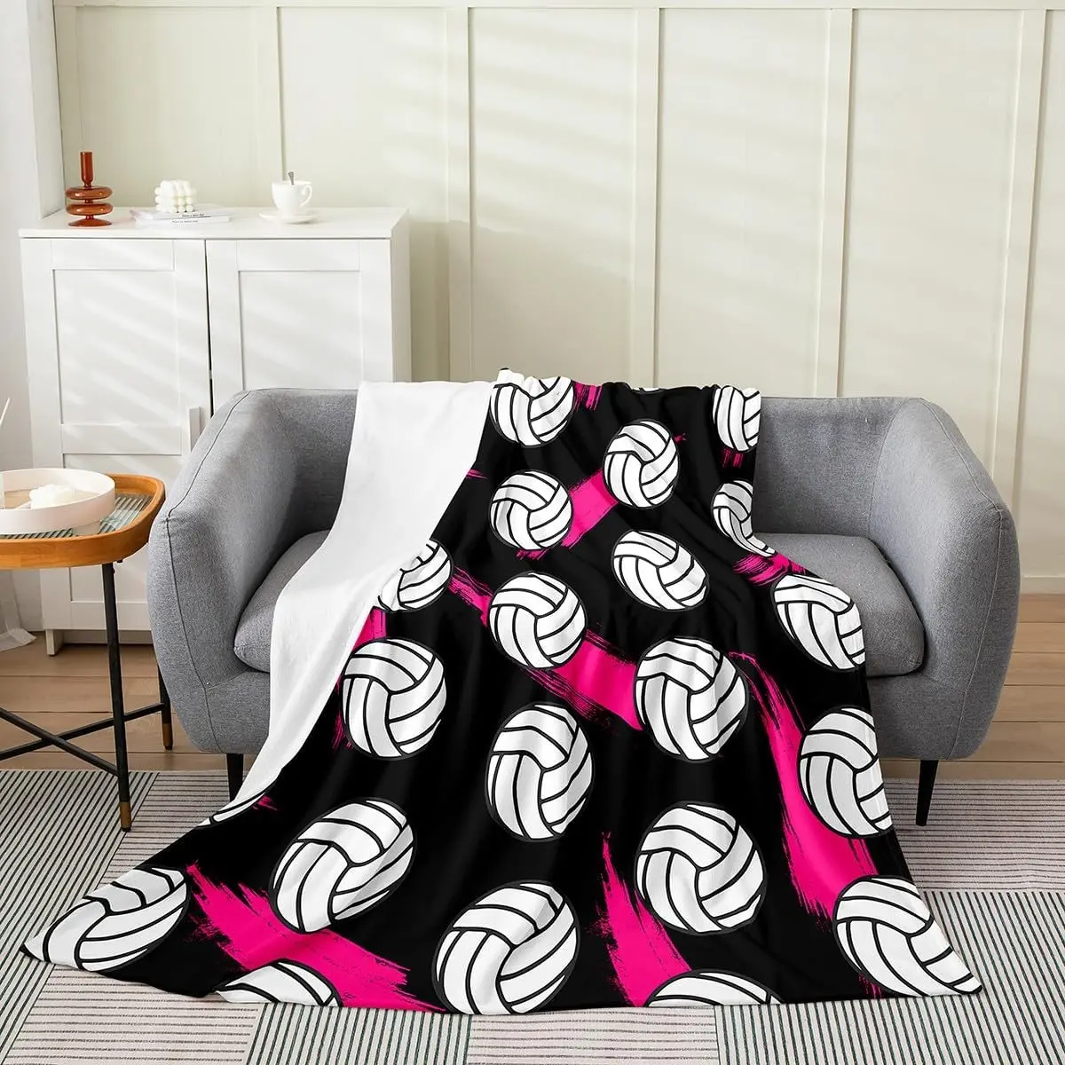 

Volleyball Flannel Fleece Throw Blanket Throw Volleyball Games Fuzzy Blanket Black White Pink Simple Modern Geometric Ball