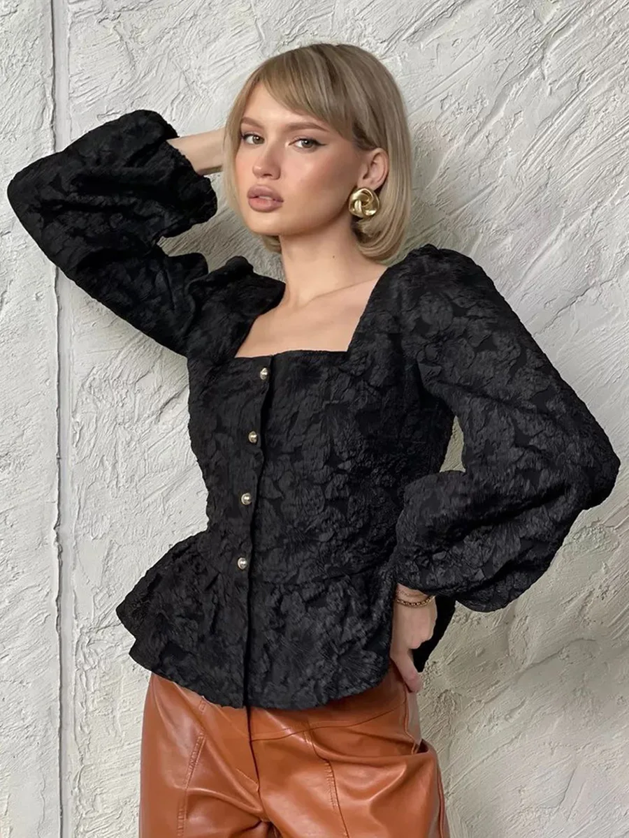 

Vintage Jacquard Pleated Blouses Korean Puff Sleeve Tunic Ruffled Shirts 2026 Camisas De Mujer Square Collar Slim Fashion Blouse