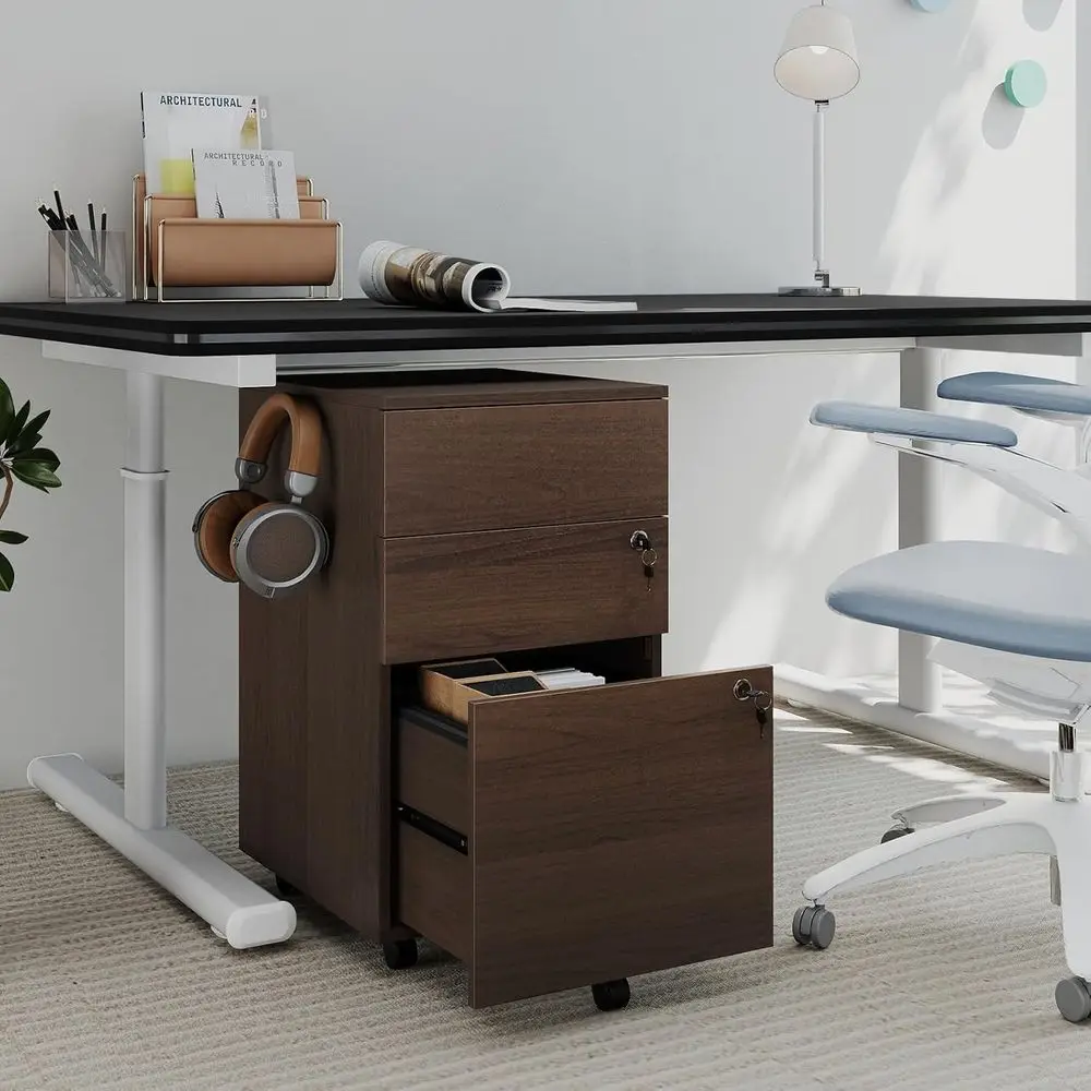 Wooden 3-Drawer Rolling Filing Cabinet with Lock, Suitable for Desk, Office, or Home Study in Brown
