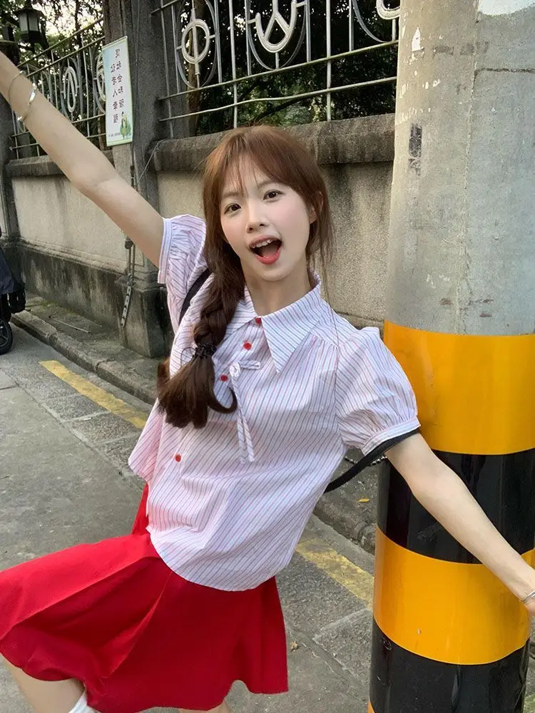 Women Shirts Preppy Style Sweet Striped Short Sleeve Turn Down Collar Single Breasted Fashion Blouse Summer Tops