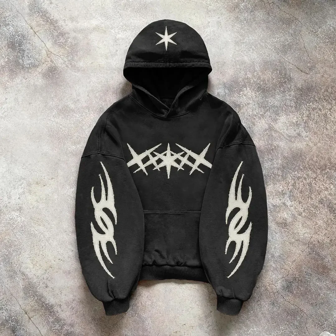 Oversized Embroidered Hooded Y2k Retro Black Star Patchwork Hoodie Fashion Loose Sweatshirt Gothic Streetwear Men Clothing