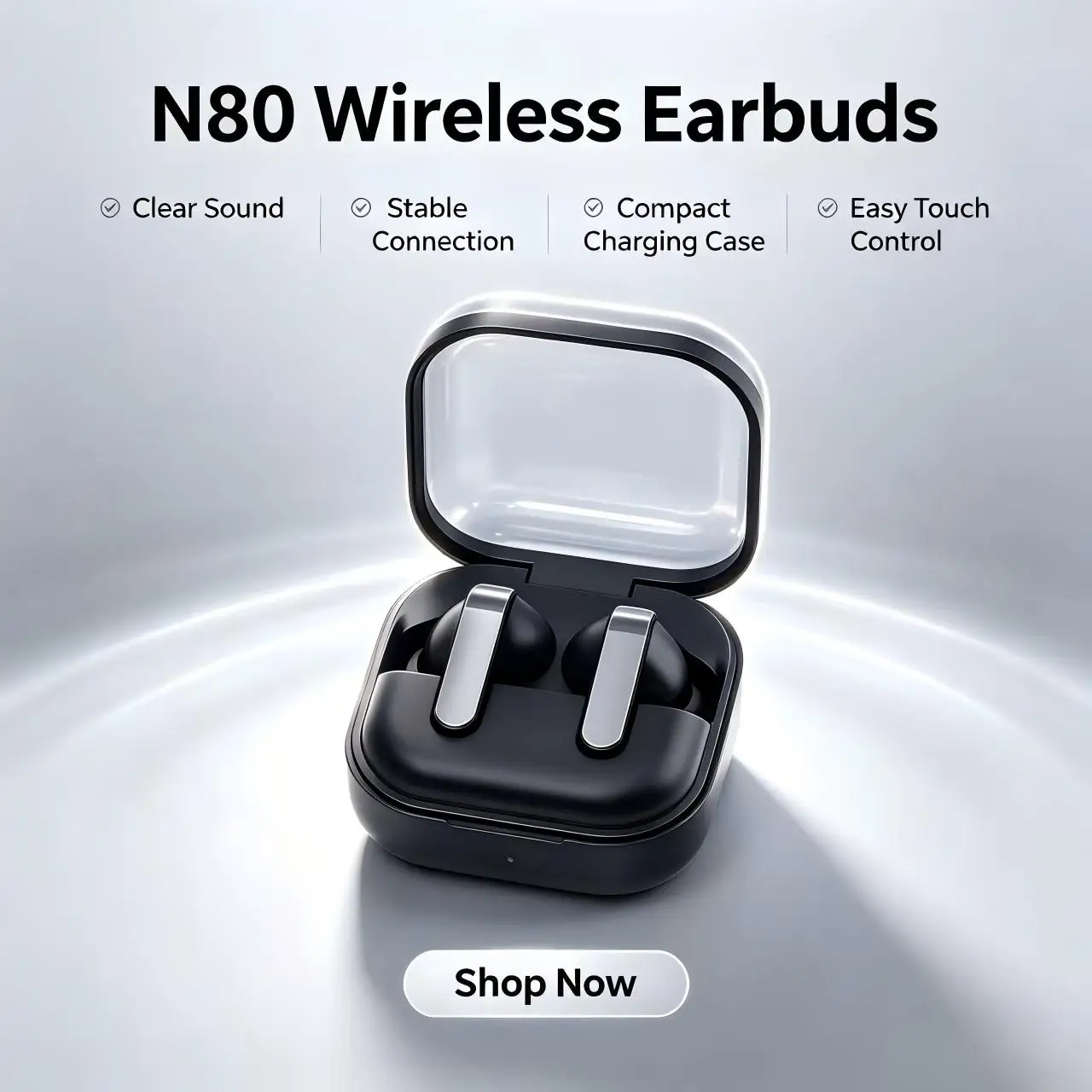N80 Black Silver Touch Control Bluetooth Headphones, Portable Transparent Cover Charging Box Wireless Earbuds, Long Battery Life