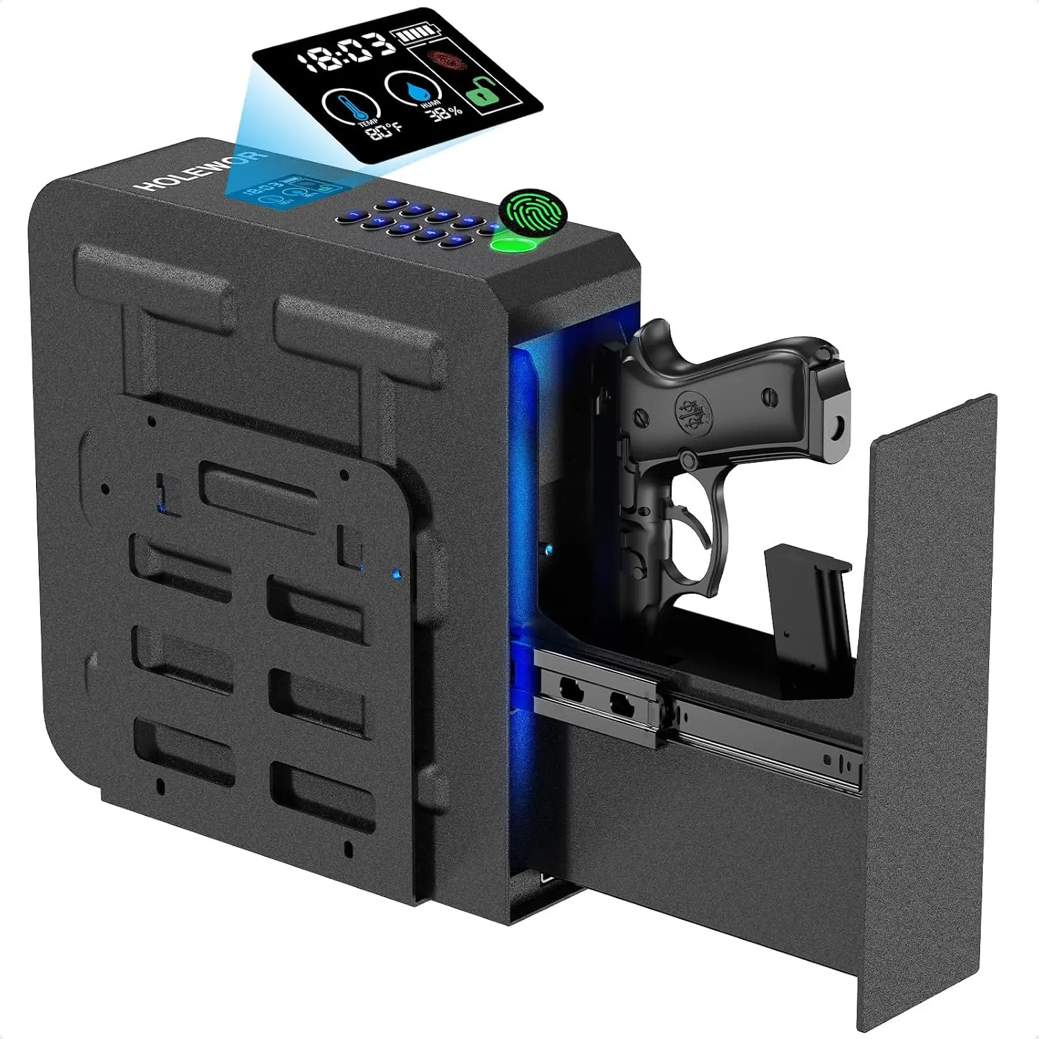 Gun Safe, Slider Biometric Pistol Safe Fingerprint Bedside Gun Lock Box, 3 Ways Quick Access Mounted Handgun Case for Nightstand