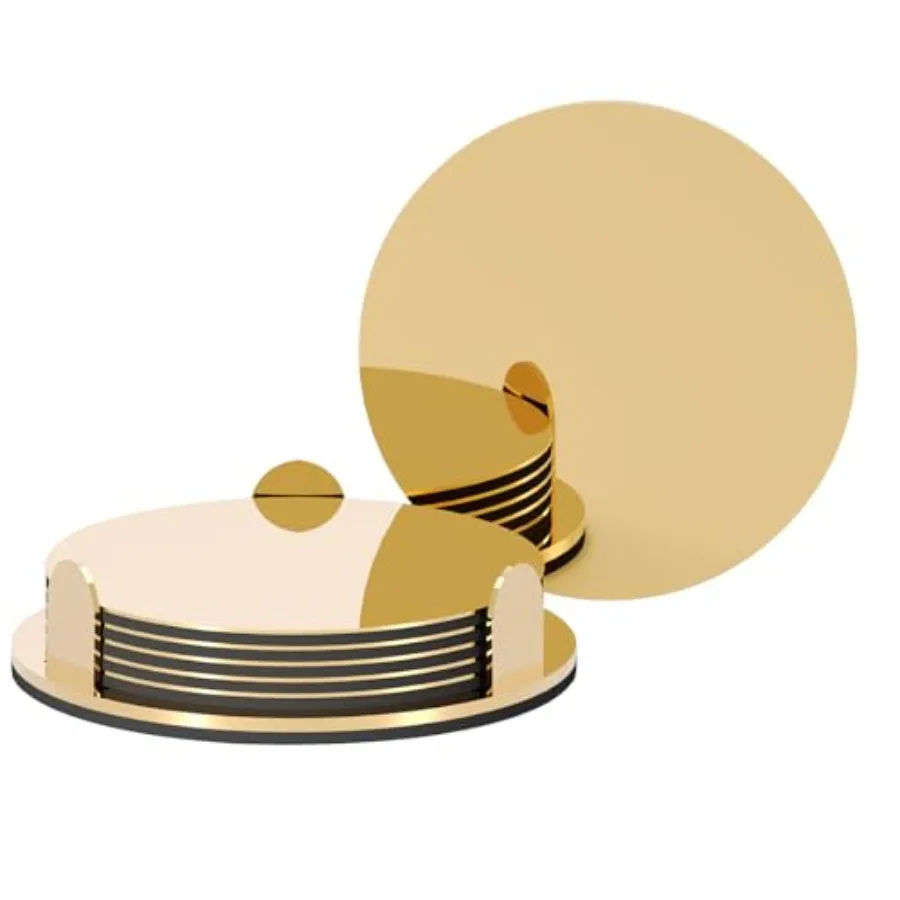 

Gold Stainless Steel Coasters with Holder Modern Mirror Drink Coaster Set of 6 que Round Cup Coasters with Non-Slip EVA Base Ho