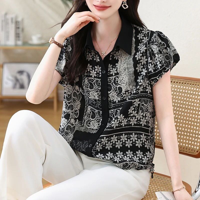 

Vintage Printed Tops New Fashion Summer Clothing Short Sleeved Women Shirt Single Breasted Chiffon Blouse