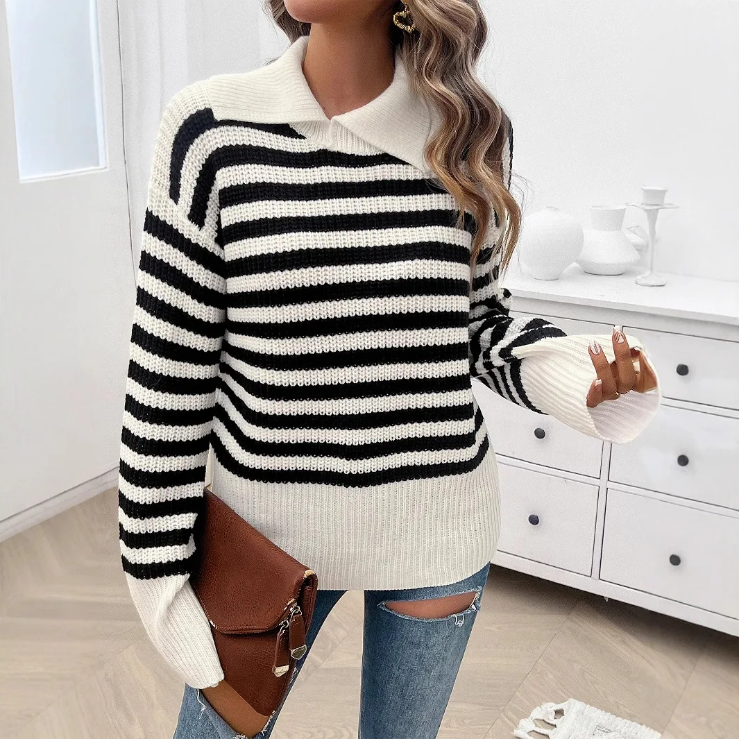 

Casual Simple Wind Striped Lapel Women's Sweater Women's Clothing 2025 Spring and Summer Station Sweater