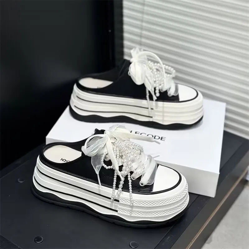 امرأة منصة أحذية رياضية إسفين النعال 2025 الإناث الارتفاع زيادة سيدة حذاء قماش الصيف موضة القوس الديكور بولي Slippers النعال