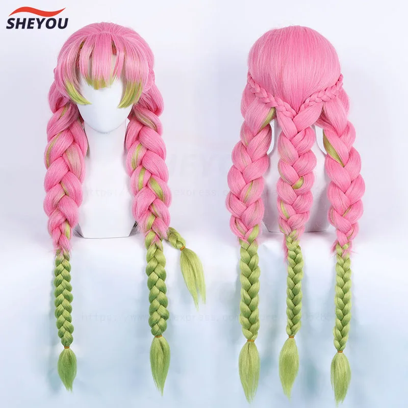 Anime Mitsuri Kanroji Cosplay Wig Long Pink Green Braid Heat Resistant Hair Authentic Cosplay Wigs + Wig Cap