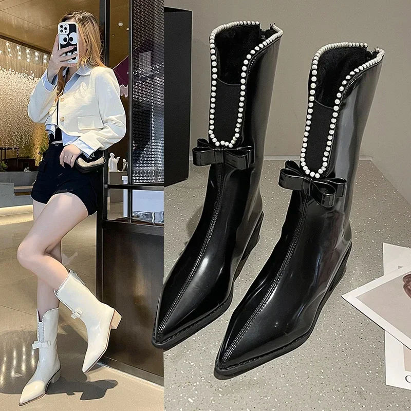 High Appearance Level Thick-soled Pointed Head Rhinobason Bow Elegant Fashion All Comfortable Non-slip Breathable Boots Women