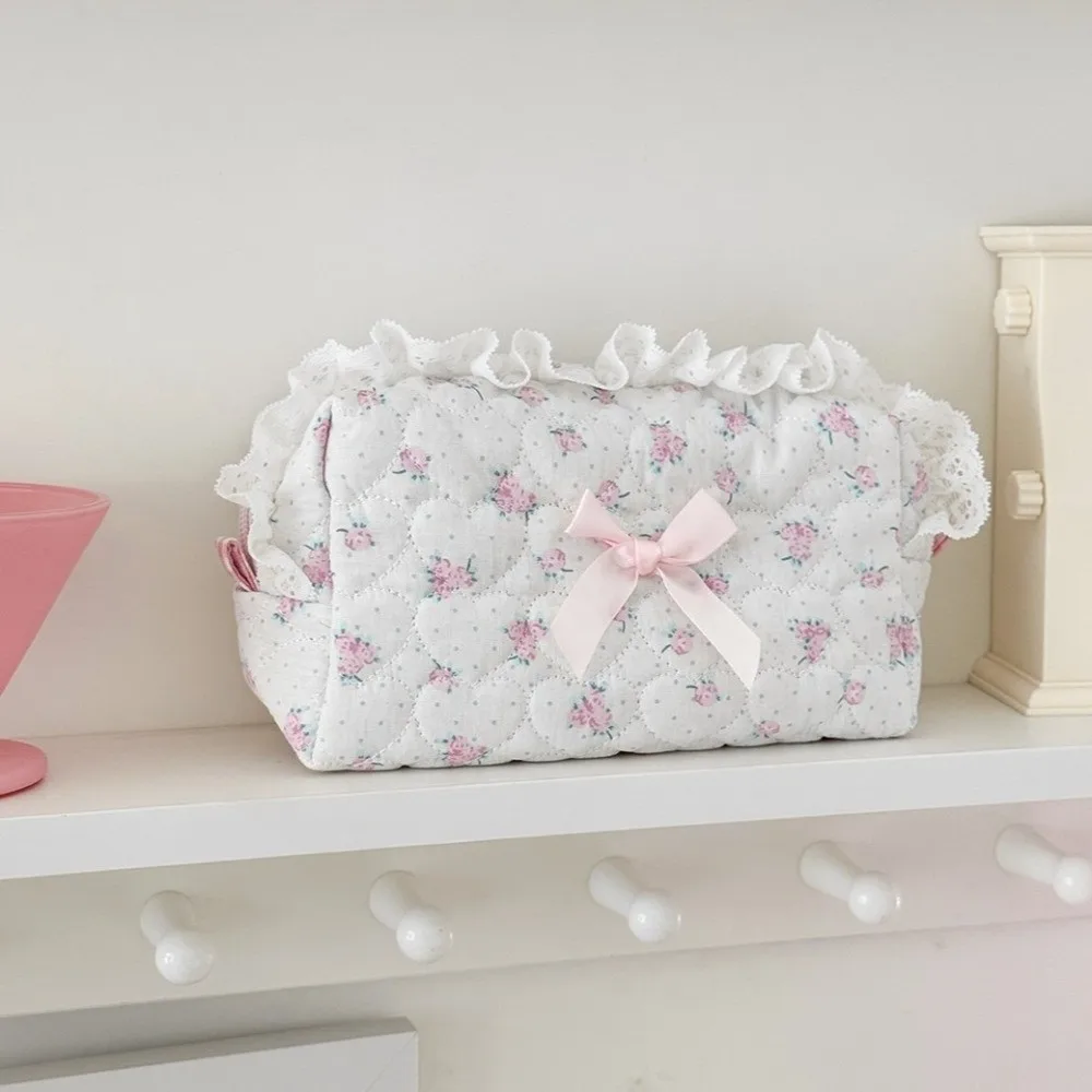 Storage Bag Flower Makeup Bag Bow Small Size Travel Organizer Pink Zipper Closure Cosmetic Bag Outdoor Use