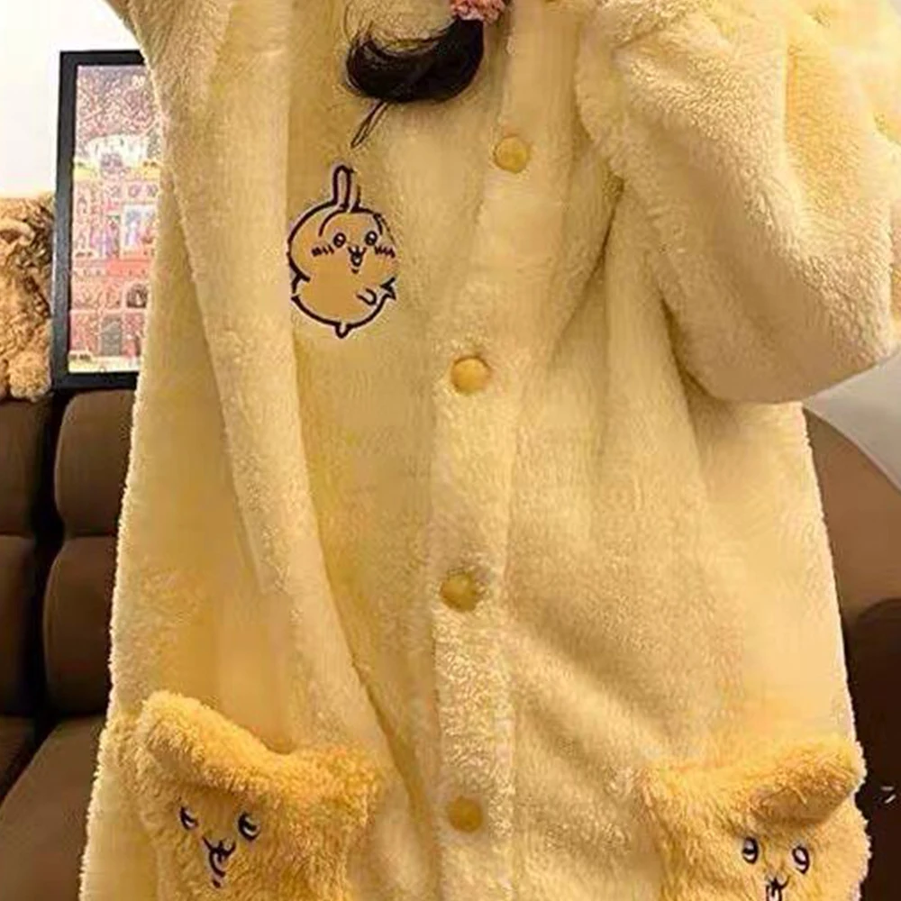Kawaii Chiikawa Usagi Pajama Women Winter Cute Thick Coral Fleece Hooded Robe Loose Pants Pocket Fluffy Warm Anime Loungewear