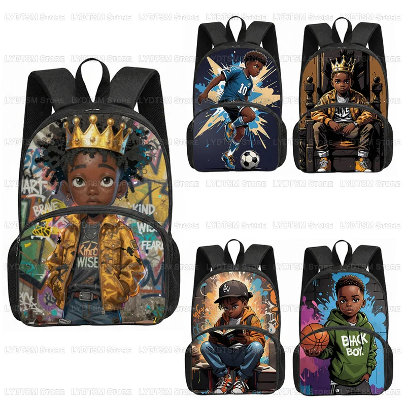16 Inch Black Boys Crown Graphic Backpack for Brave Wise Kind Afro Teenager Student School Bags Doctor Pilot Musician Daypack