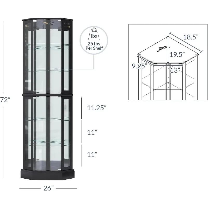 Lighted 3-Side Glass Display Curio Cabinet with Tempered Glass Doors and Shelves, Curved Wood Corner Cabinet with Bulb