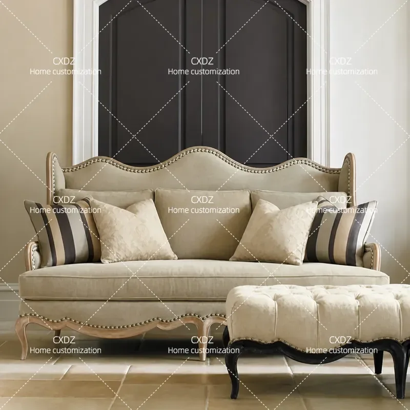 Rural Solid Wood Sofa Fabric Three Seater Two Seater Single Seat Small Apartment Living Room Retro Villa Style
