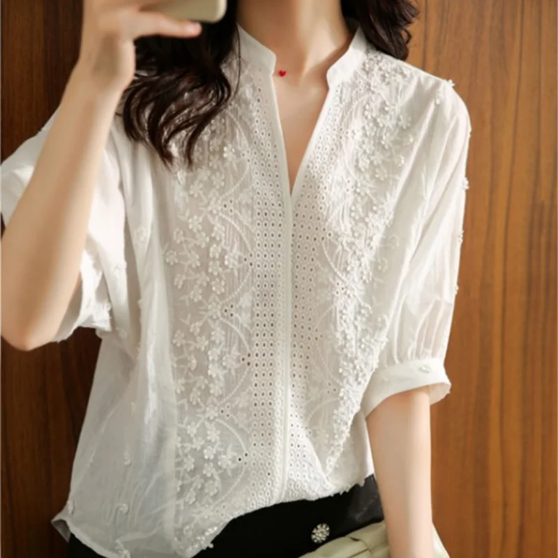 Summer Floral Embroidery Lace Blouse Hollow-out Stand Collar V Neck Casual Shirt Women Elegant Short Sleeve Cotton Tops 24350