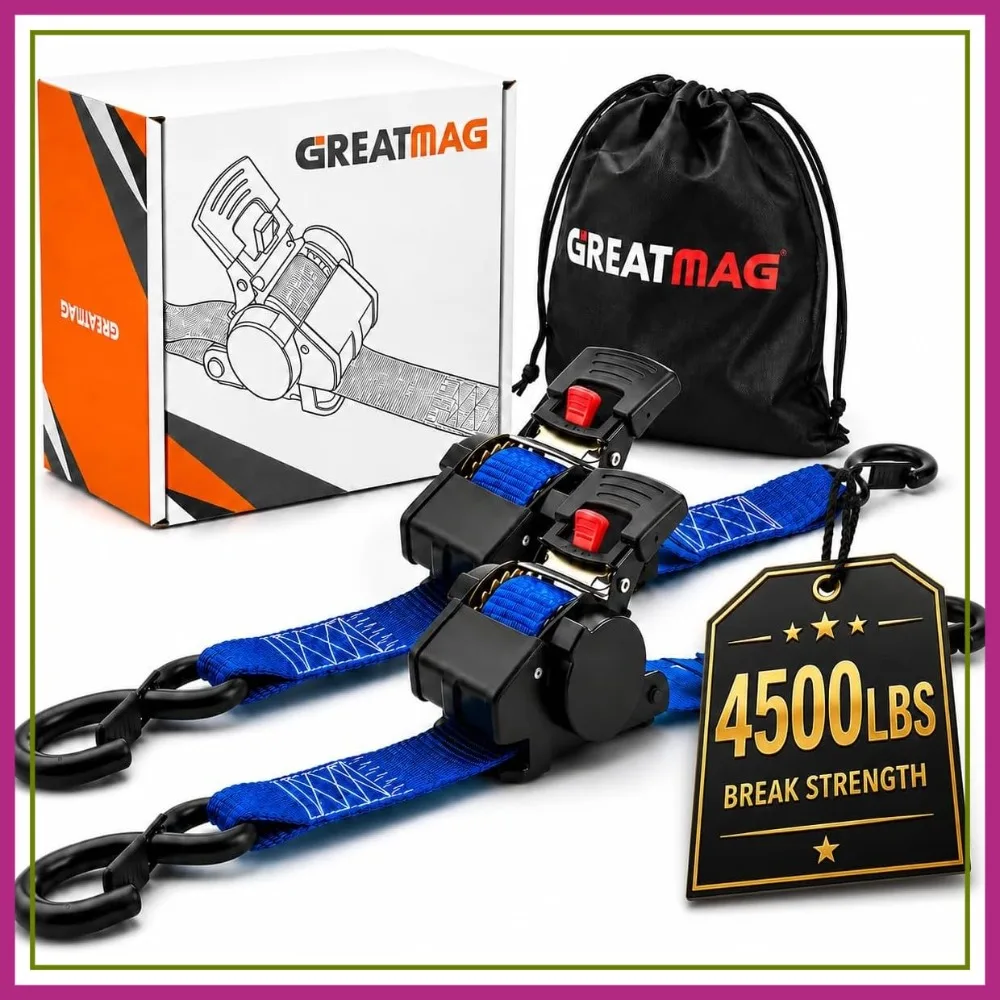 

Auto Retractable Ratchet Tie-Down Straps 4500 lbs, 2in x 10ft, Heavy Duty S-Hooks, for Cargo, Trucks & Trailers, 2 Pack, Damped Rewind