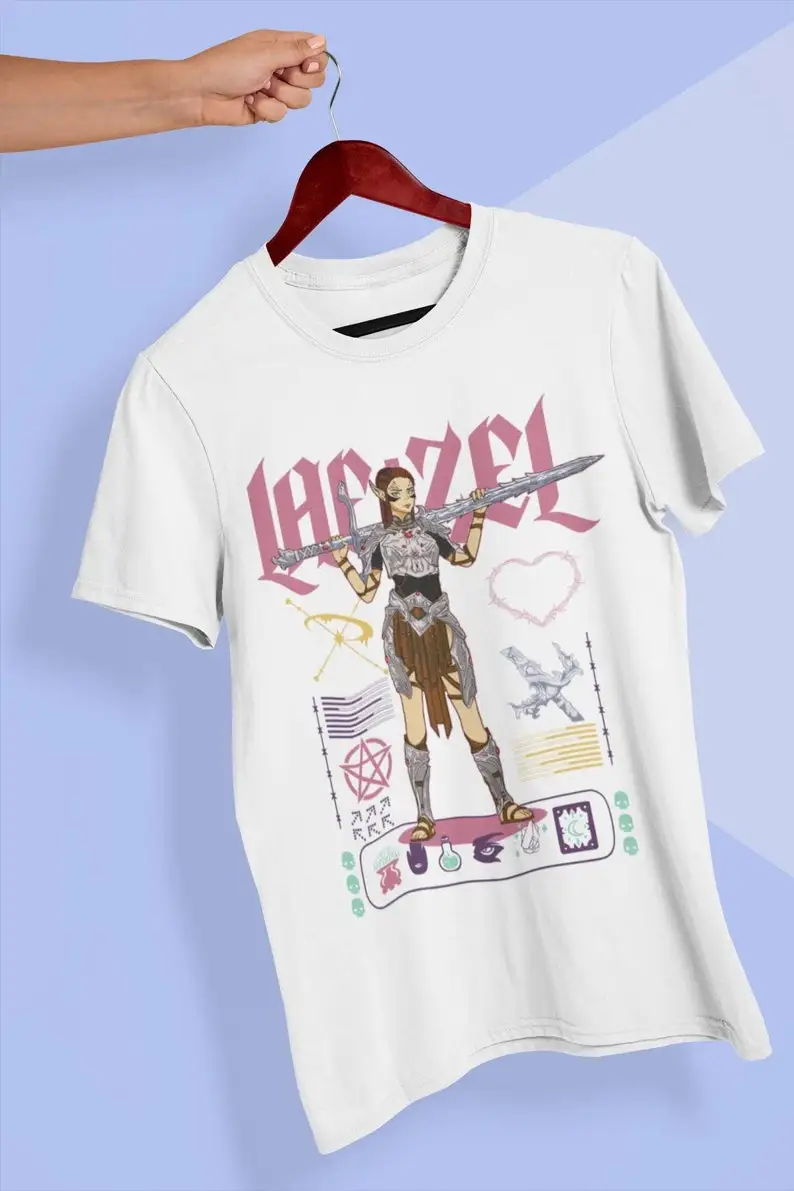 BALDURS GATE 3 Lae'Zel Shirt Cute Anime Style 90s Streetwear Unisex Heavy Cotton Tee Retro Vaporwave DnD Shirts BG3 Laezel