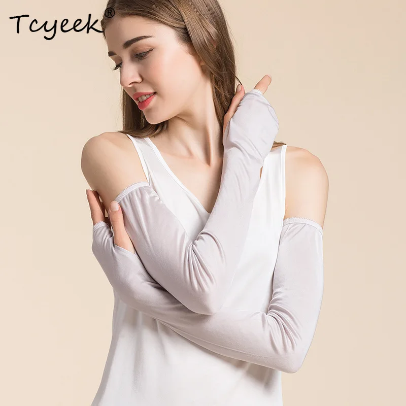 Tcyeek 100% Silk Summer Extended Sun Protection Long Sleeved Women Knitted Thin Comfortable Breathable Ice Arm Gloves A41345QC
