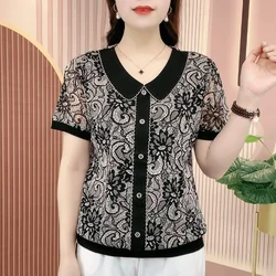 Fashion Korean Floral Short Sleeved T-shirt Women's Polo Collar Simple Temperament Patchwork Gauze Buttons Summer New Loose Top