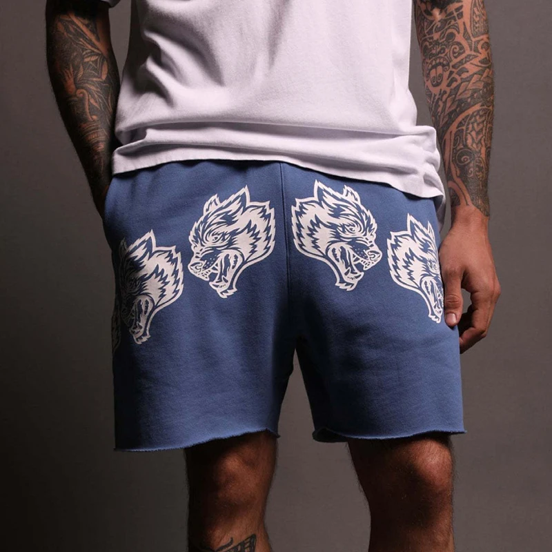 Pantalones cortos de algodón con estampado de cabeza de Lobo para hombre, pantalón corto para ejercicio informal de cinco cuartos, fitness al aire libre, novedad de verano