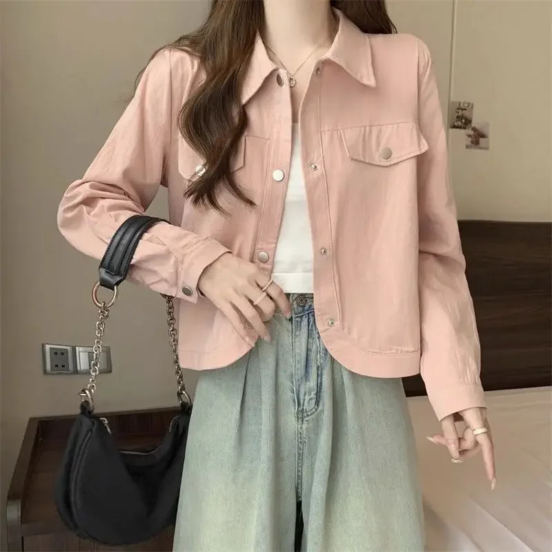 

​Versatile Women's Short Cardigan Jacket Single Row Buttons Cargo Style Long Sleeve Arc Hem Spring Autumn Wear​