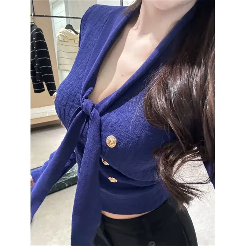 Sweter damski z dekoltem w serek, żakardowy, z wstążką, długi rękaw, dzianina, topy, wiosna-jesień, designerski, pulower, 2026