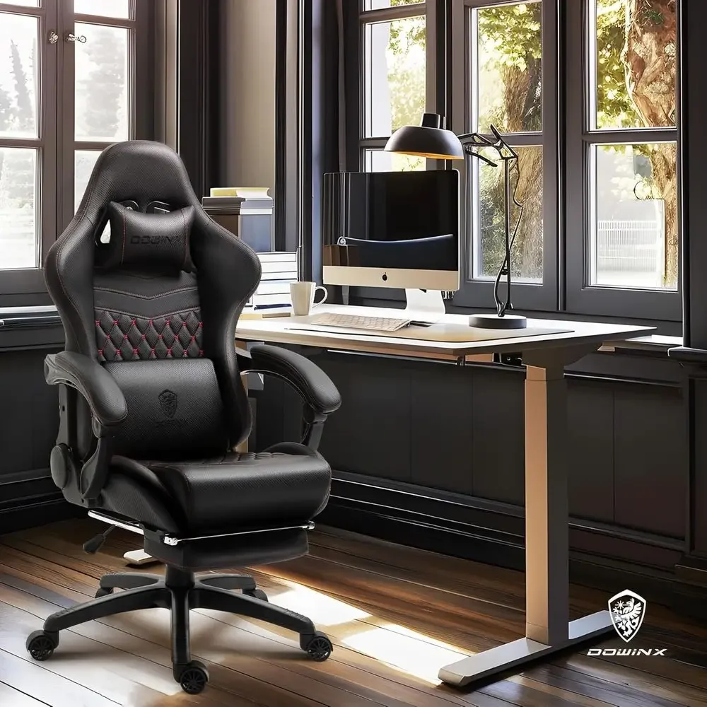 Vintage Leather High-Back Swivel Chair with Massage Lumbar Support and Footrest - Black & Red