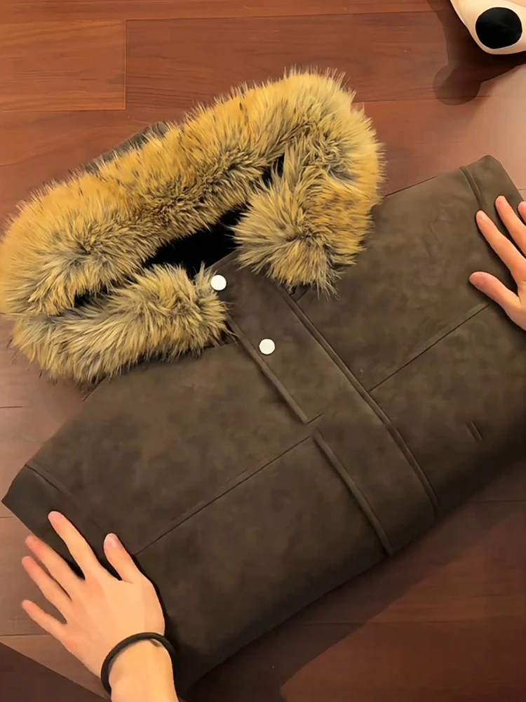 

Winter Jaet Men's Brown Fur Collar Hooded PU Leather Coat Thiened ort American Sle Cotton Padded Warm Youth Outerwear