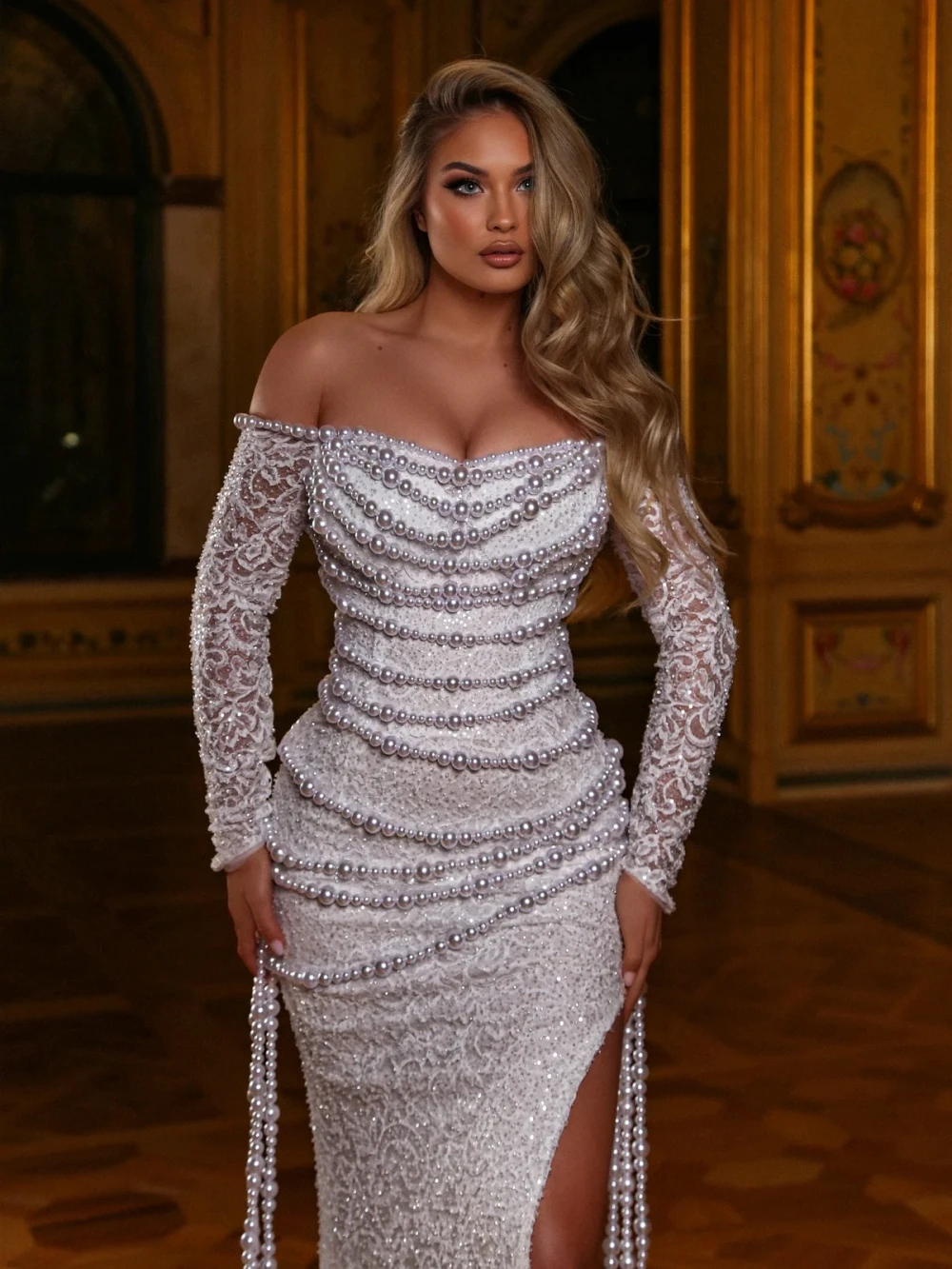 وصول جديد فاخر اللؤلؤ حورية البحر فستان زفاف طويل أنيق بدون حمالات قبالة الكتف فستان زفاف فساتين مخصصة للعروس