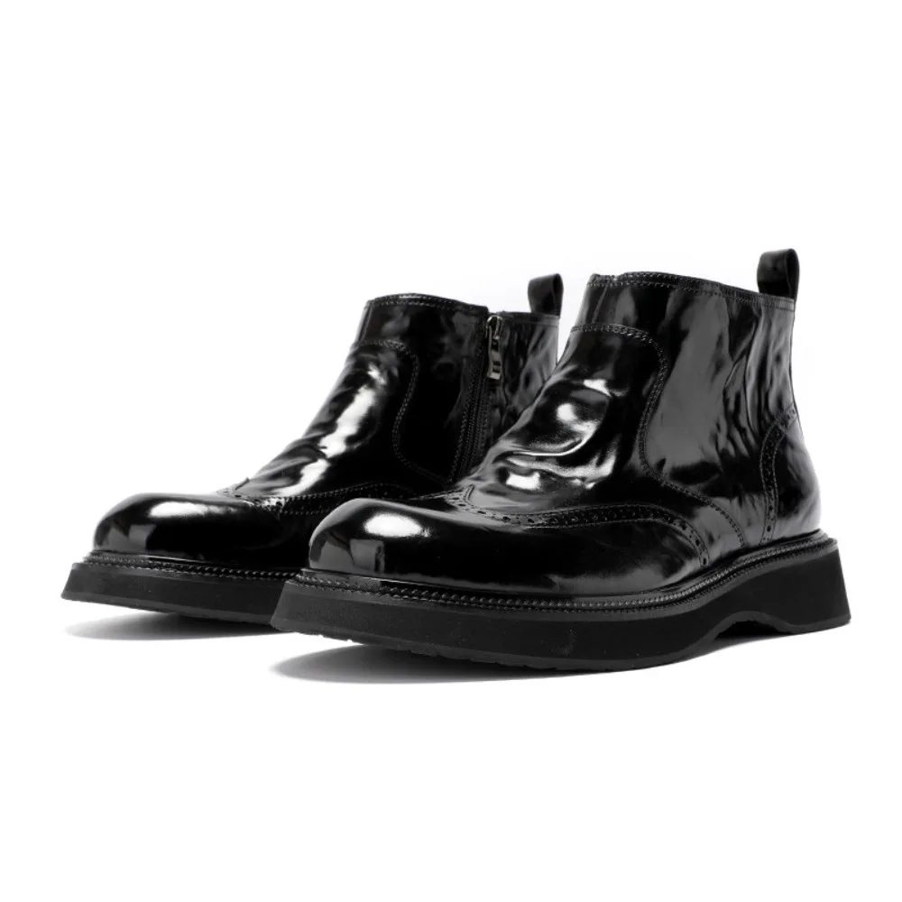 Premium Handmade Full Grain Split Calf Leather Thick Sole Height Increasing Boots Brogue Genuine Leather High Top Ankle Boots