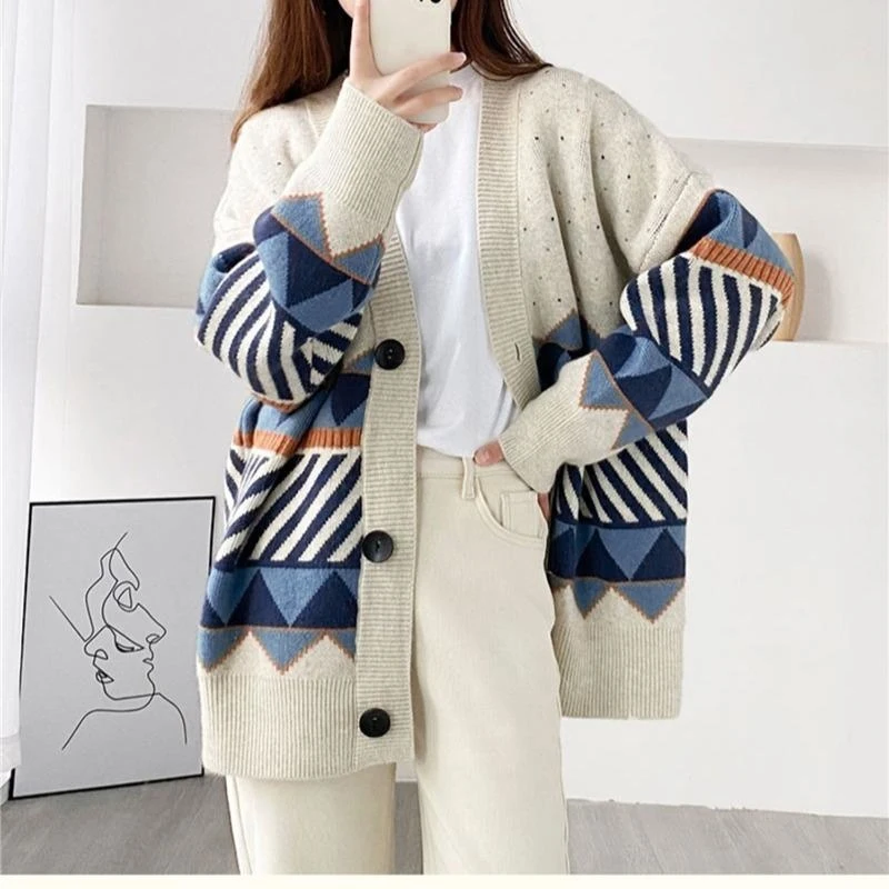 2023 Jacquard Knitted Cardigan Lazy Style Loose Outer Jacket V-Neck Jumper Button-Up All-Match Female Loose Top Autumn Winter