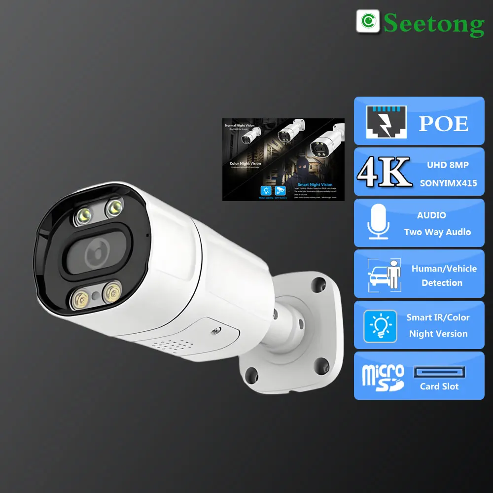 

C-RU Seetong 4K 8MP So-ny415 Security Surveillance Vedio POE 3.6mm Two Way Audio Dual light source LED IR&Color Night Vision