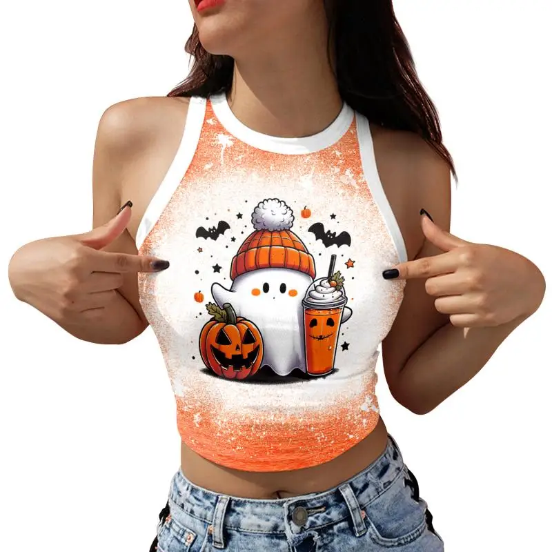 Nadanbao Damen-Crop-Top mit Geister-Kürbis-Print, kurze Weste mit Rosen-Totenkopf-Muster, sexy, schmales, ärmelloses Hemd, Halloween-Party-Top – Detail 37