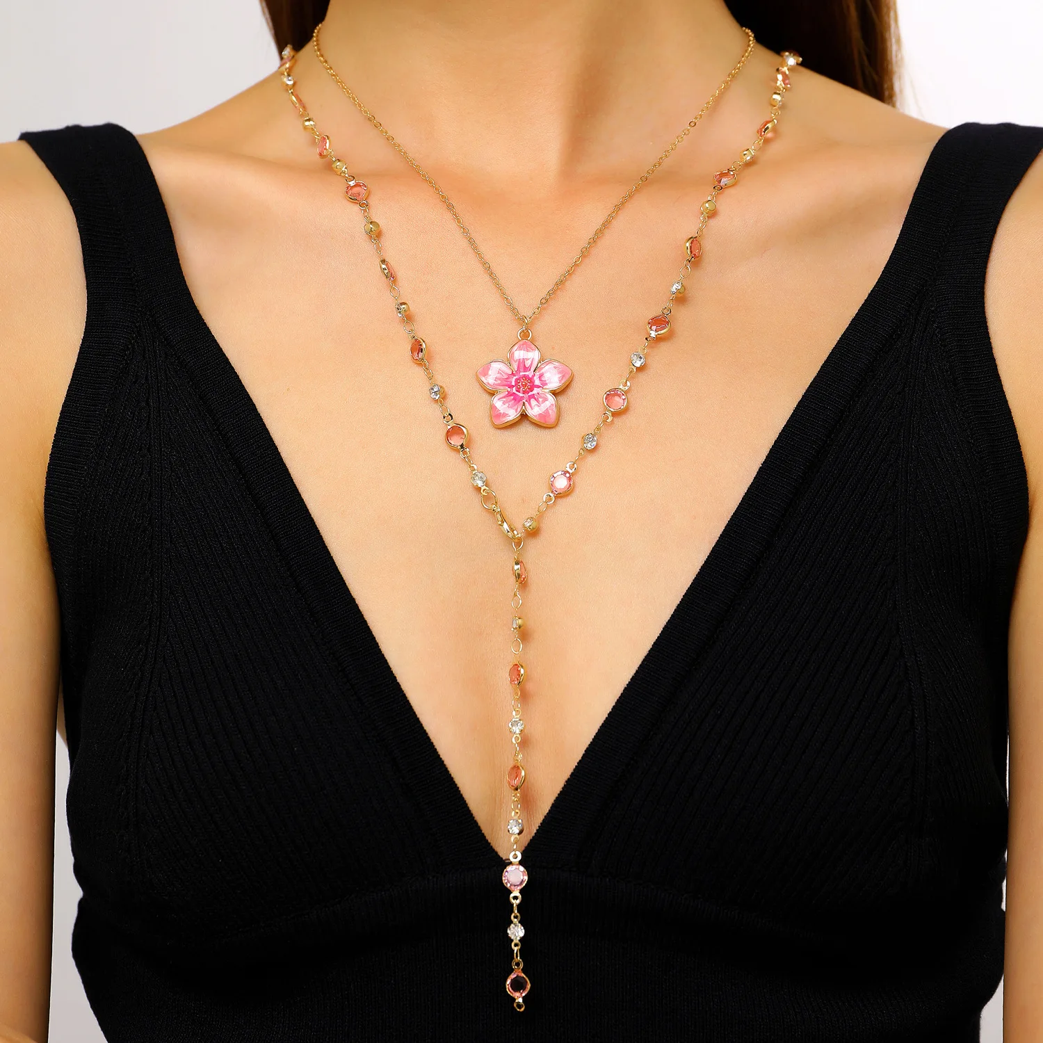 Elegant Double Layers Drop Oil Flower Blue Crystal Y-shaped Long Necklace for Women Dress Statement Neck Jewelry Holiday Gifts