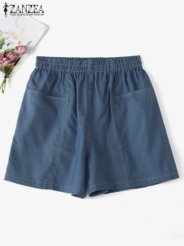 

ZANZEA 2025 женские однотонные шорты с эластичной резинкой на талии, летние повседневные брюки с высокой талией, однотонные свободные шорты с карманами, модные шорты