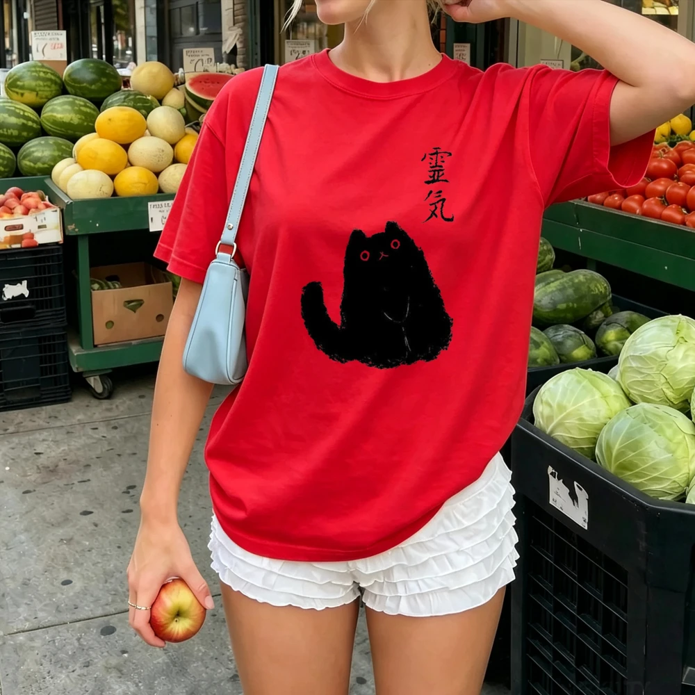 Minimalist Black Fluffy Cat Kanji Spirit Graphic T Shirt Women Japanese Text Kitten Print Tee Casual Cotton Asian Streetwear Top