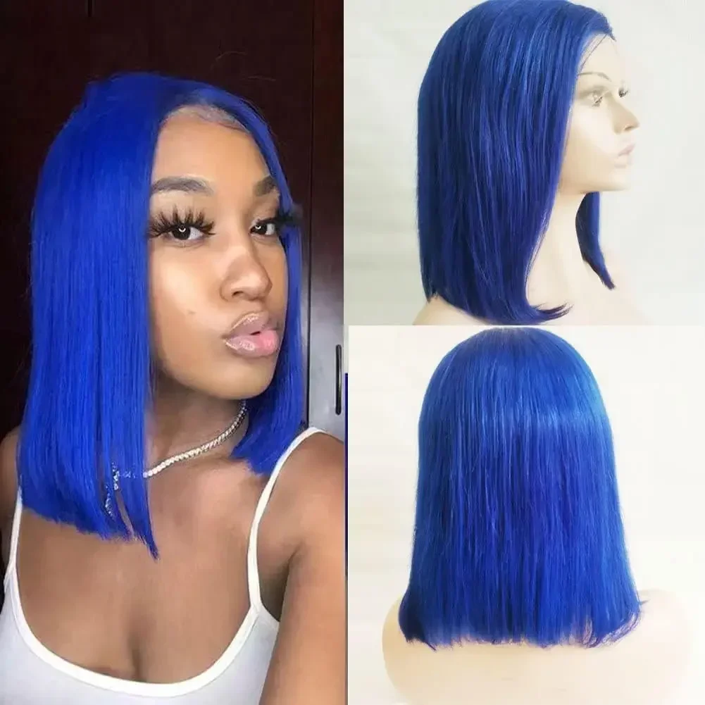 Perucas dianteiras de renda reta azul 180% densidade 13x4 peruca bob de renda transparente 100% cabelo humano usá-lo em um banquete é ótimo hd