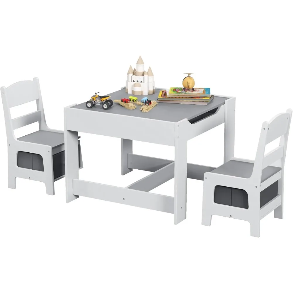 

Kids Table and Chair Set, 3 in 1 Wooden Activity Table with Storage Drawer, Detachable Tabletop for Children Drawing