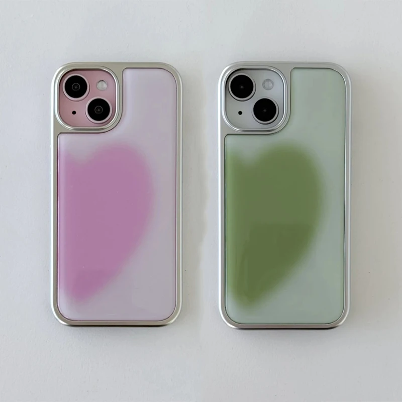 Funda para Teléfono con Corazón Grande Electrochapado en Rosa y Verde Matcha, con Efecto de Goteo de Pegamento, para iPhone 17 Air 16 Pro Max 15 14 Plus 13 12 11